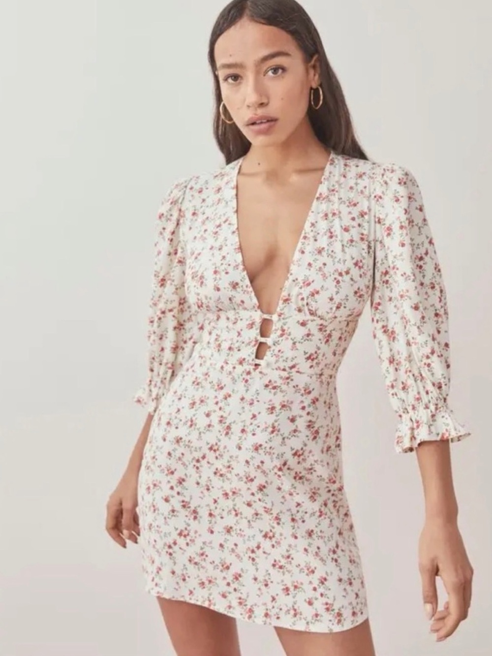 Reformation Marina White Mini Dress with Pink and Red Floral Print - Picture 1 of 7